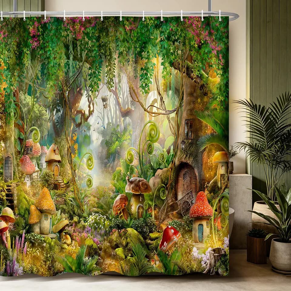 Renaiss 60x72 Inches Enchanted Forest Shower Curtain for Bathroom Fairy Tales Fantasy Mushroom Wonderland Jungle Fabric Shower Curtains Bath Curtain Set Waterproof Polyester with Hooks