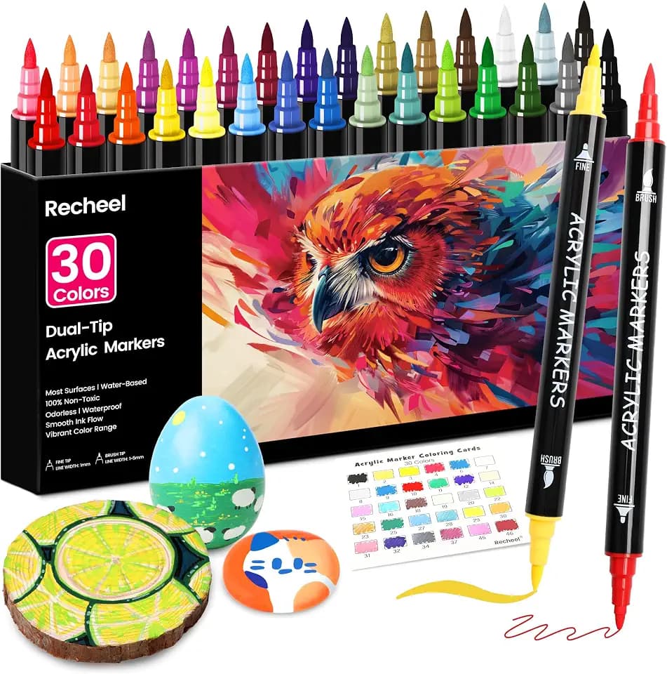 Recheel Acrylic Paint Markers, 30 Colors Dual Tip Fine & Brush Pens for Art