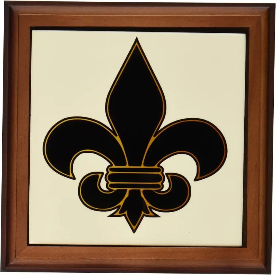 3dRose ft_22360_1 Large Black and Gold Fleur de lis Christian Saints Symbol Framed Tile, 8 by 8-Inch
