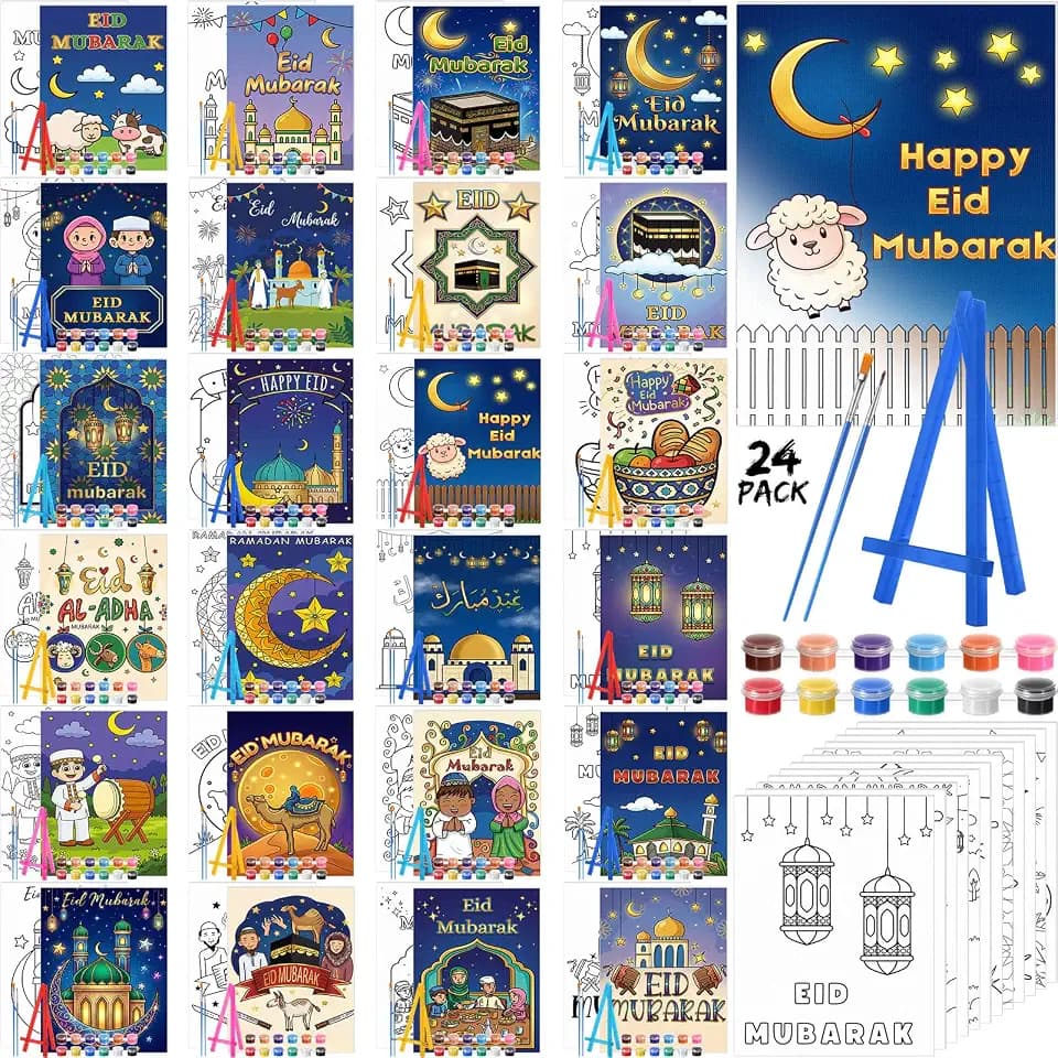 Blosssound 24 Pack Ramadan Mubarak Pre Drawn Canvas to Paint Pre Printed Canvas Painting Kits Bulk with Easel Paint Pots Brushes for Adult Sip Party Student Beginner Birthday DIY