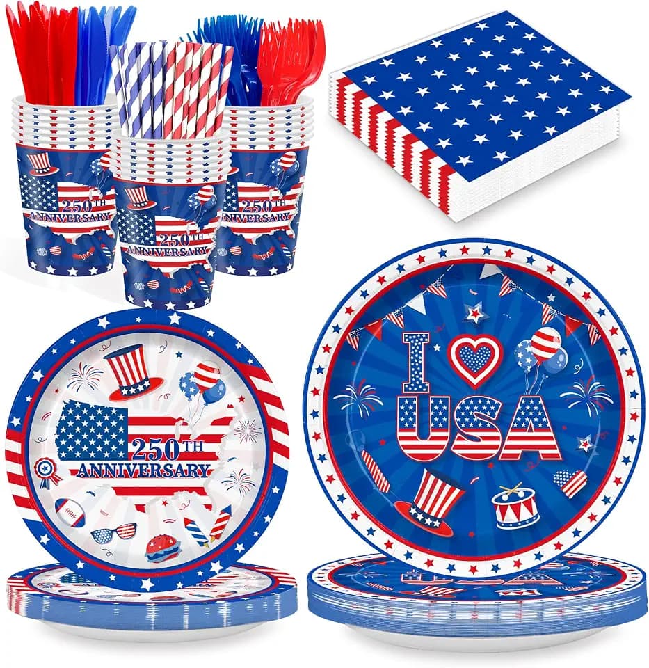 168PCS 4th of July Party Supplies 2026 Patriotic Kit Serves 24 Guests Red White Blue Plates Cups Napkins Cutlery Set for Independence Day & Memorial Day