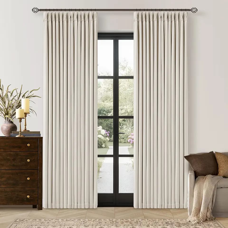 Pinch Pleated 100% Blackout Thick Linen Curtains 84 Inch Long Natural