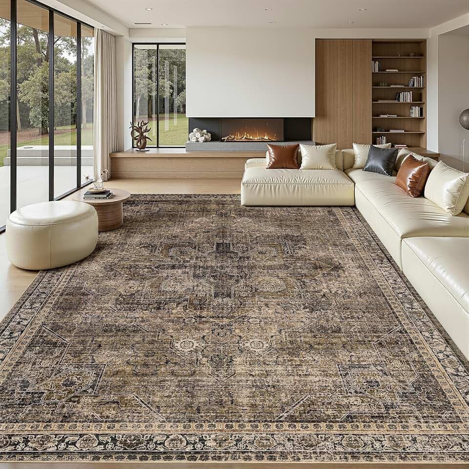 Washable 6x9 Area Rug for Living Room, Carpet for Bedroom Dining Room, Non Slip&Non-Shedding Resistant Low Pile Vintage Print Rug for Home Office (Brown1)