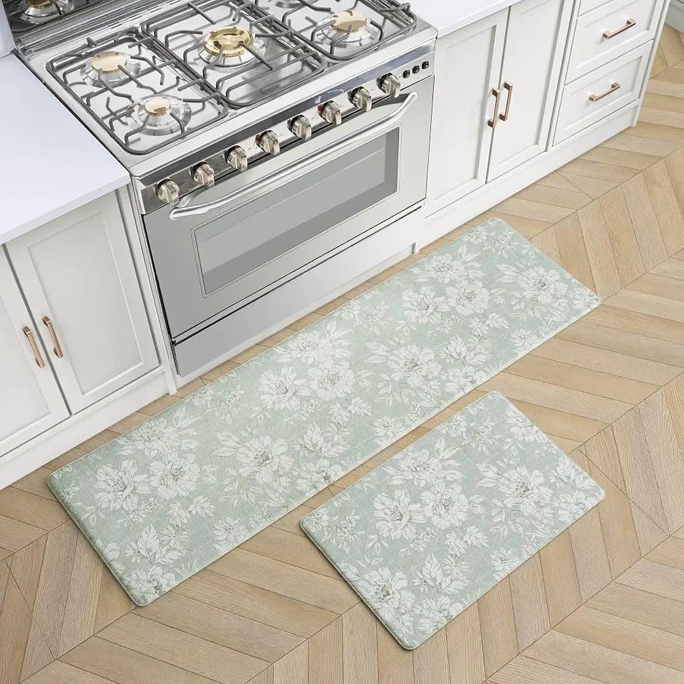 Laura Ashley - Anti-Fatigue Kitchen Mat, Iris Floral Design, Stain, Water & Fade Resistant, Cooking & Standing Relief, Non-Slip Backing, 2 Piece Set: 17.5" x 60" / 17.5" x 28" Sage Green Iris