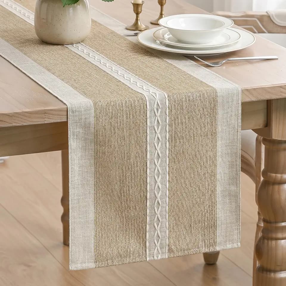 Artoid Mode Brown Braided Striped Rustic Chenille Table Runner, Seasonal Embroidered Kitchen Dining Table Decoration for Home Party Decor 13x90 Inch