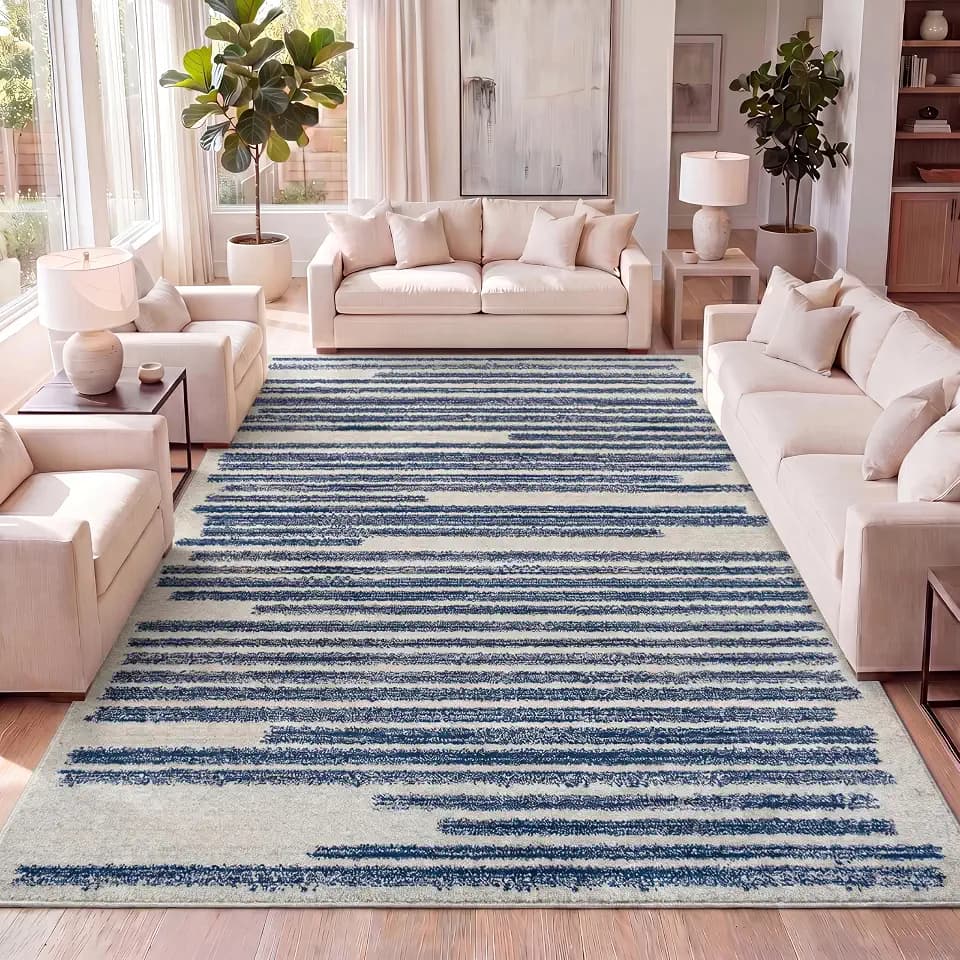 JONATHAN Y Khalil Modern Berber Stripe Cream/Navy Indoor Area Rug, 4x6, Contemporary, Bohemian, Easy-Cleaning for Living Room, Bedroom, Kitchen, Pet Friendly, Non-Shedding (MOH207E-4)