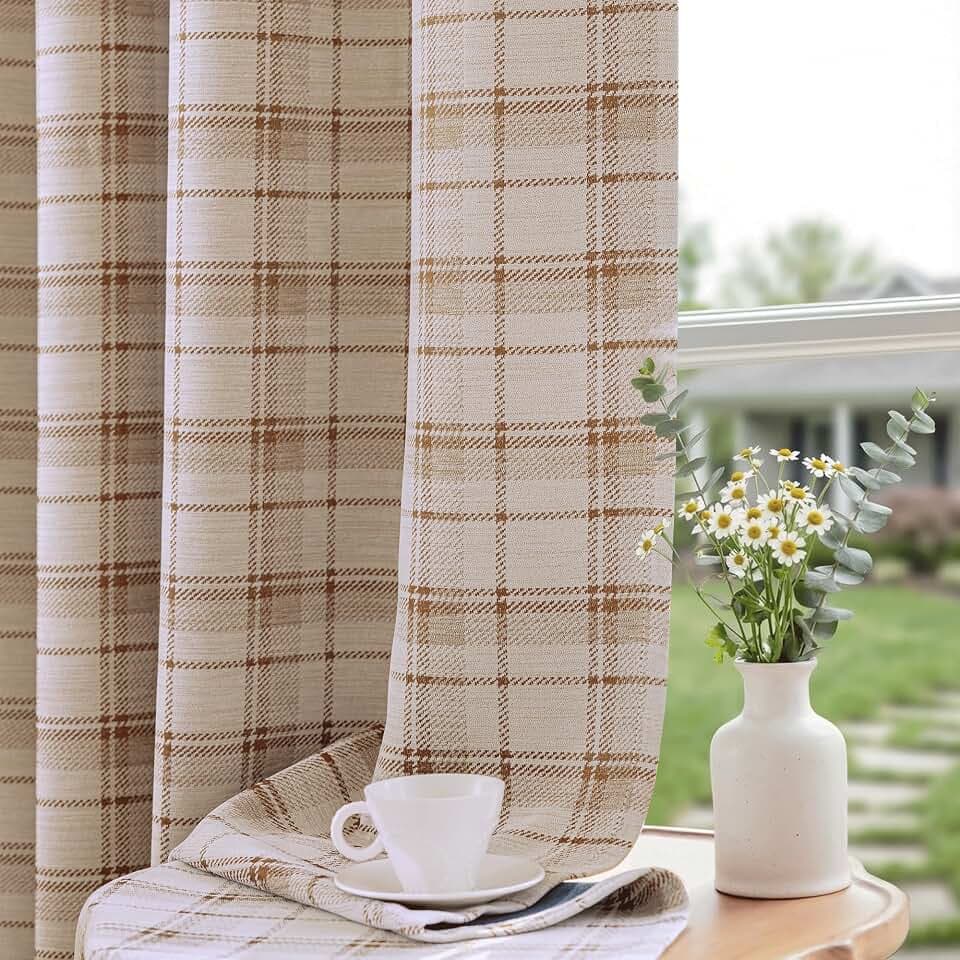 Brown Plaid Jacquard Blackout Curtains Bedroom 52x96 2 Panels