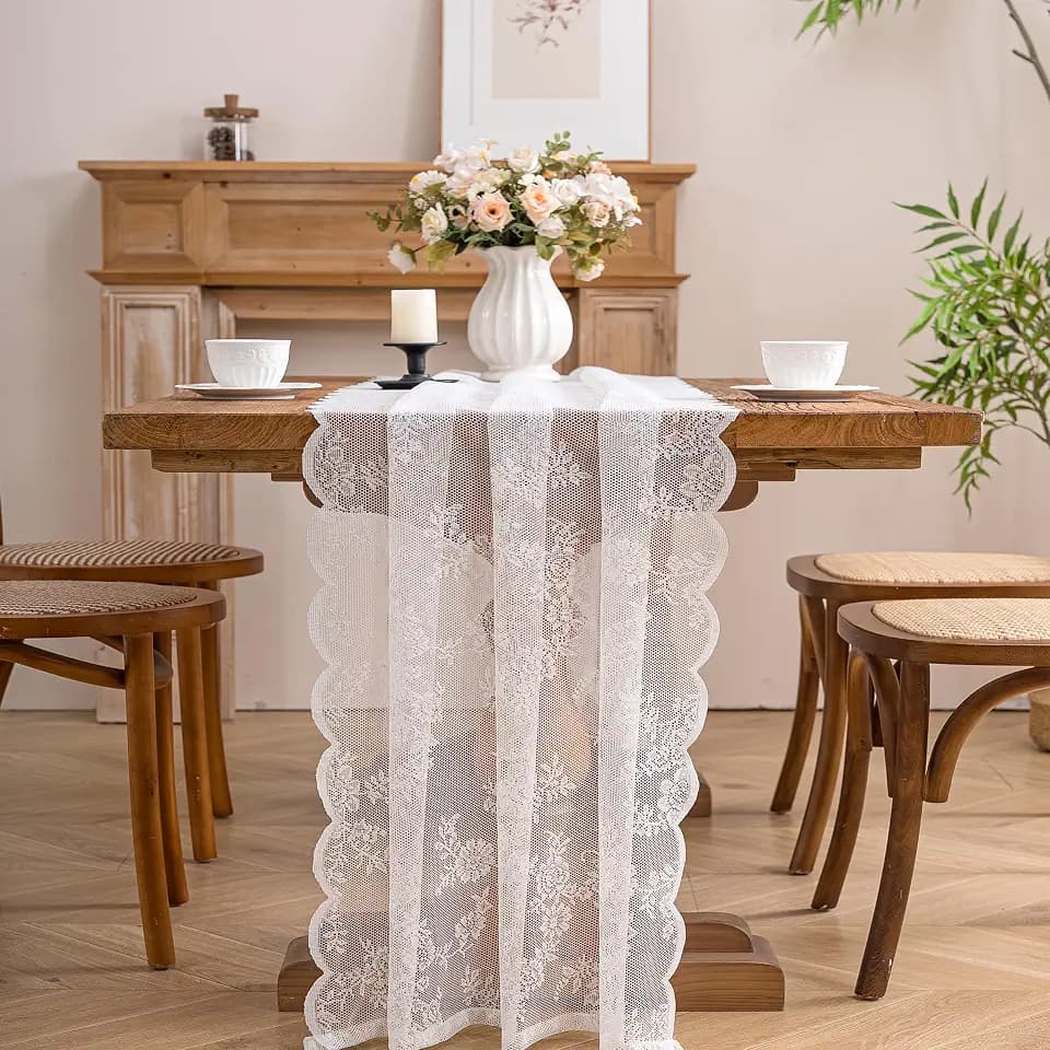 White Lace Table Runner with Floral Embroidered (1pcs 28”x118”)