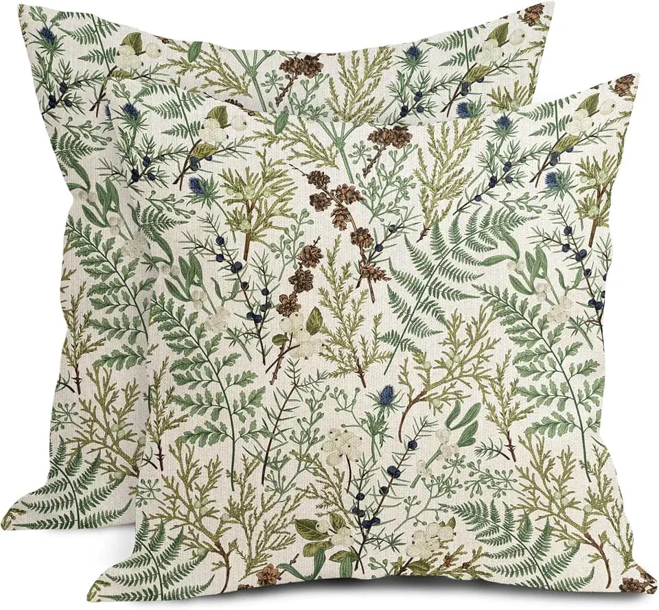 Green Plant Pillow Covers 16X16 Inch Sage Green Botanical Fern Leaf Decorative Pillow Cases Spring Summer Vintage Floral Throw Pillows Set of 2 Farmhouse Home Decor for Living Room Couch Outdoor
