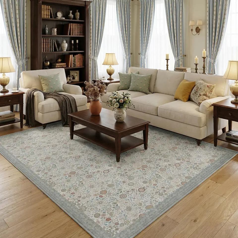 Floral Area Rug 5x7 - Washable Ultra-Thin Living Room Rug Non-Slip Carpets - Soft & Stain Resistant Rug for Kitchen Bedroom Dining Room Indoor Beige Gray