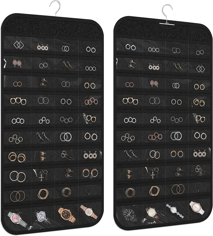 Hanging Jewelry Organizer 80-Pocket Double-Sided Storage, 2-Pack, Black