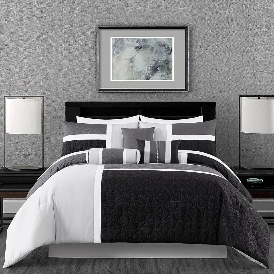 Chezmoi Collection Upland 7-Piece Quilted Patchwork Comforter Set, Black/Gray/Light Gray, Oversized King