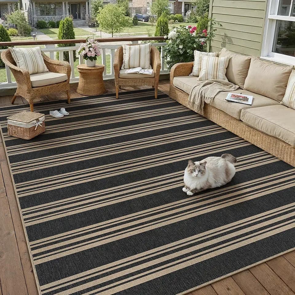 PureCozy Outdoor Rug 5x7 Washable Striped Jute Look Non Slip Carpet