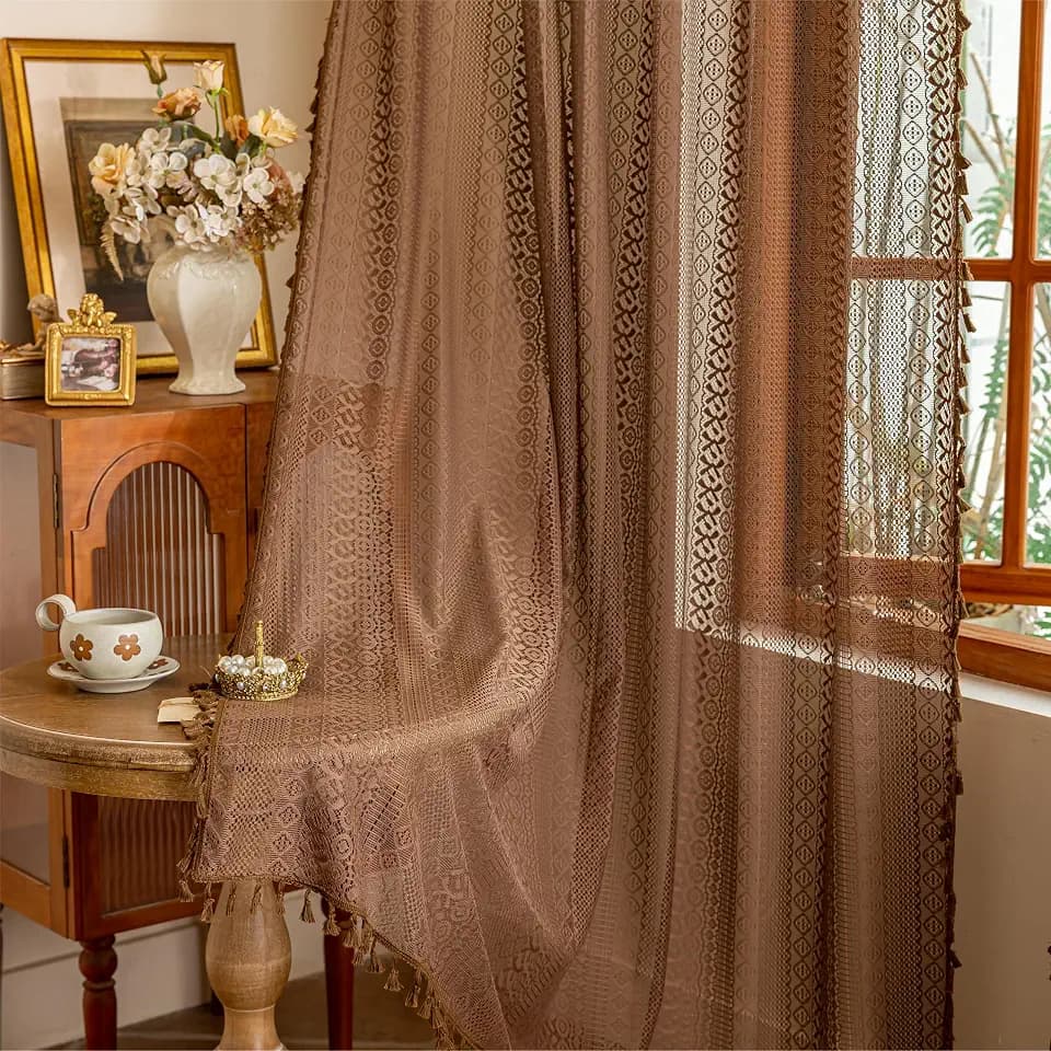 Sutuo Home Dark Coffee Boho Curtains 84 inches Long for Bedroom Living Room, Lace Sheer Bohemian Tassels Vintage Chic Crochet Privacy Window Curtains Drapes Farmhouse Decor, Rod Pocket 1 Panel 59" W