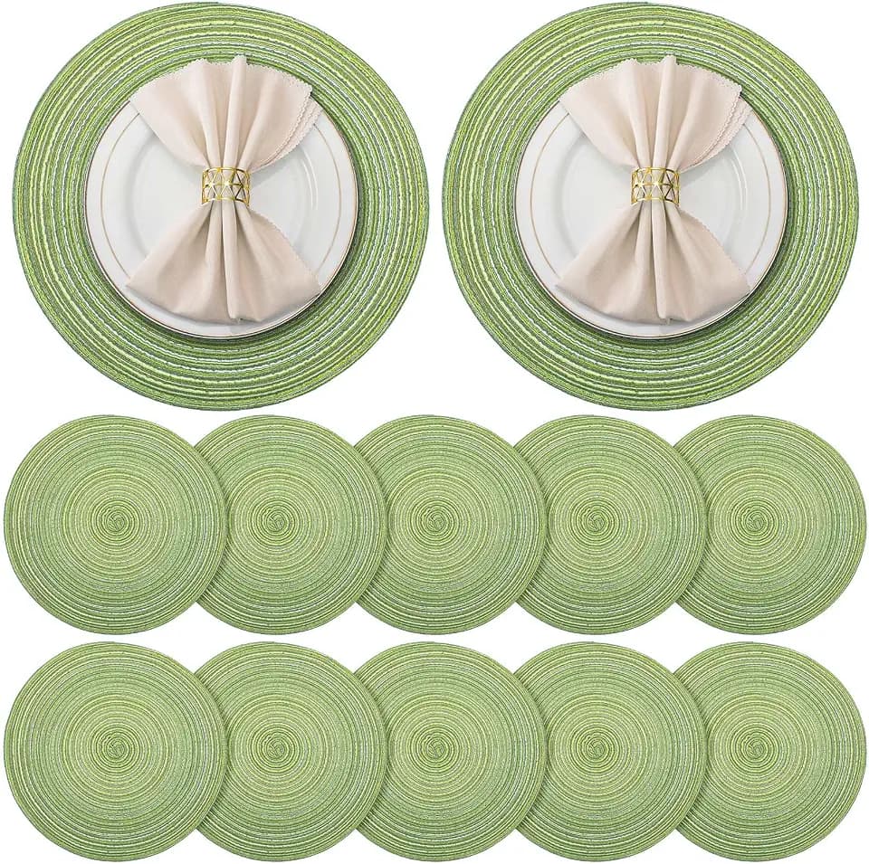 12 Pcs 12 Pcs Round Placemats 14.2 Inch Woven Braided Placemats, Sage Green