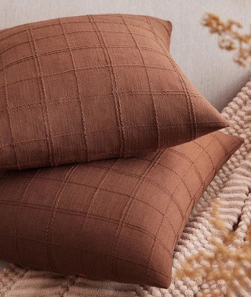 ZeeMart Linen Checked Throw Pillow Covers Set of 2, 24x24 Inch Allover Grid Terracota, Farmhouse Decorative Double Sided Grid Embroidered Couch Pillow Cases Rust Cotton Linen Cushion Covers