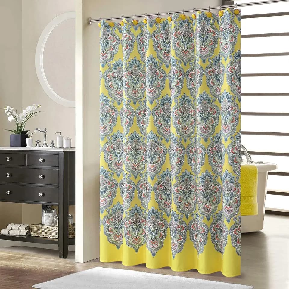 Rio Carnival Shower Curtain, Water Repellent Fabric with Vibrant Brazilian Medallion Print, 12 Metal Grommets & Weighted Hem, 72x72 Inches