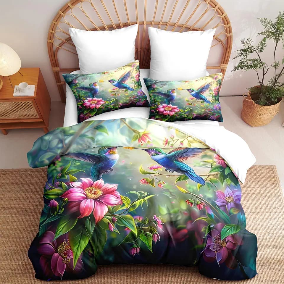 CCoutueChen Hummingbird Comforter Set Queen Size,Pink Floral Bedding Sets for Women Men,Flowers Bird Bedding Comforter Sets 3 Pieces Comfortable Durable Microfiber Comforter