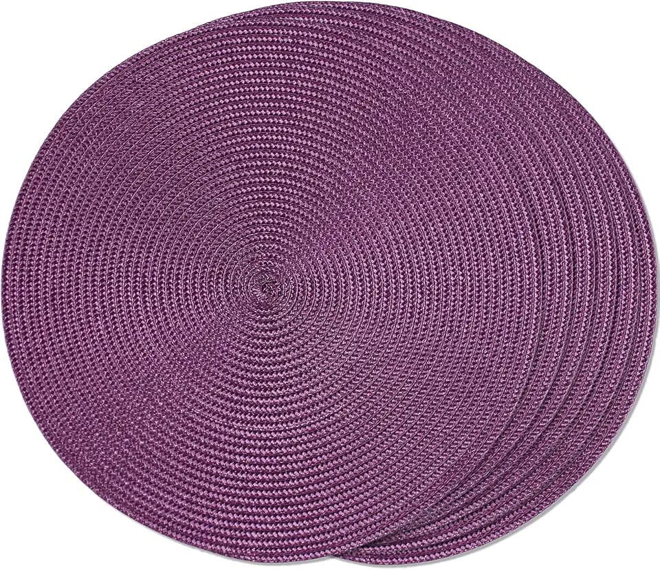 FunWheat Round Braided Placemats Set of 6 Table Mats for Dining Tables Woven Washable Non-Slip Place mats 15 inch(Purple, 6pcs)