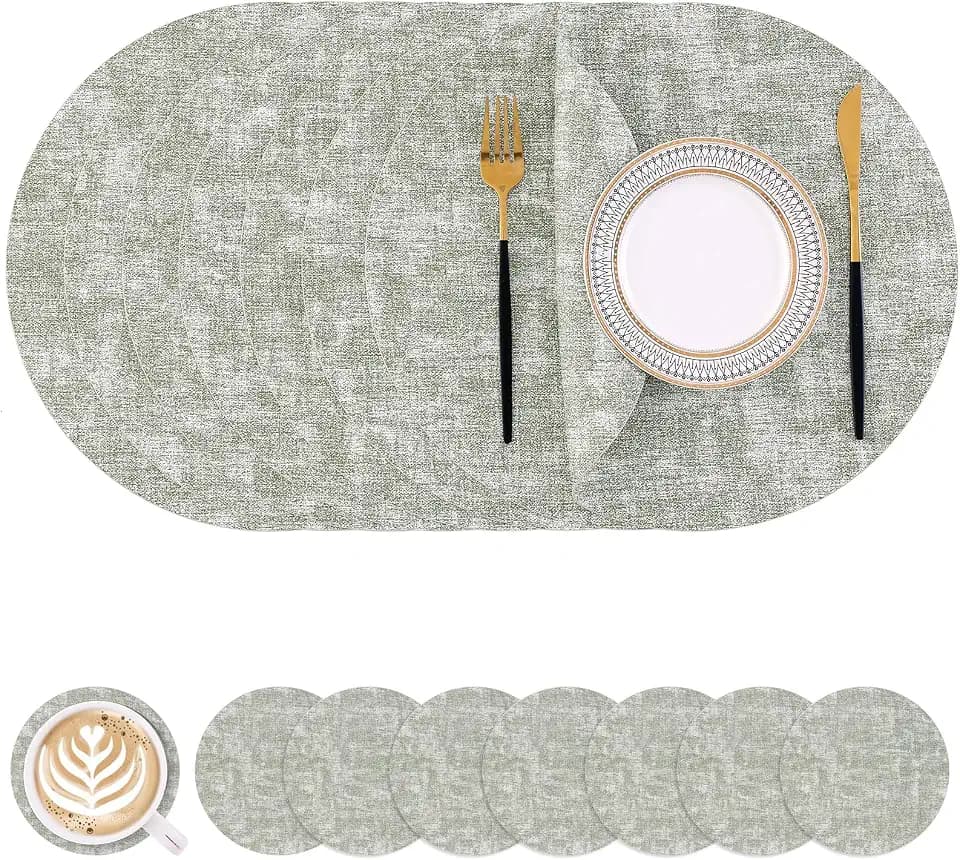 Homaxy Round Faux Leather Placemats and Coasters, Set of 8, Grass Green