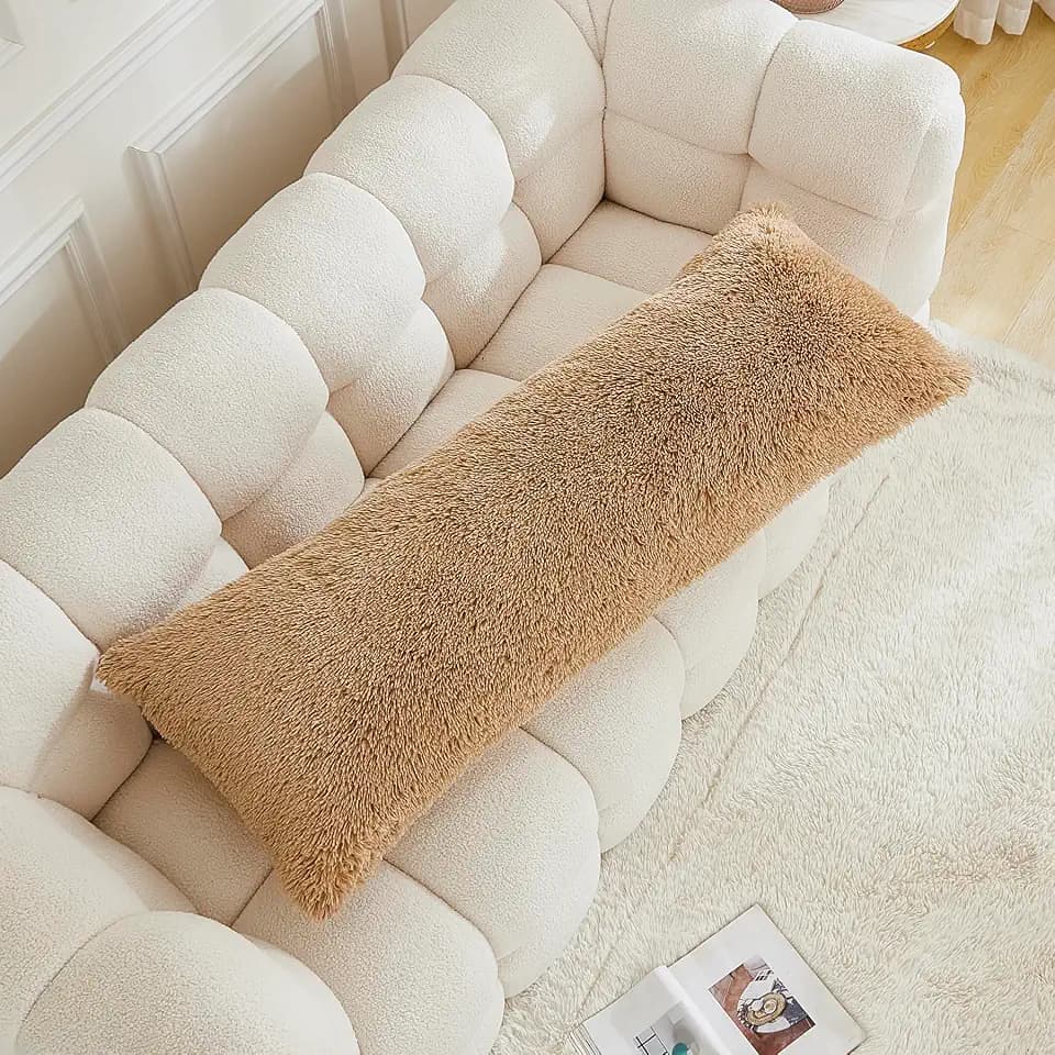 Body Pillow Cover Large Fluffy Shaggy Lumbar Full Body Pillowcase 21 x 54 Inches Soft 1 Pack Modern Home Decorative Zipper Closure, Camel