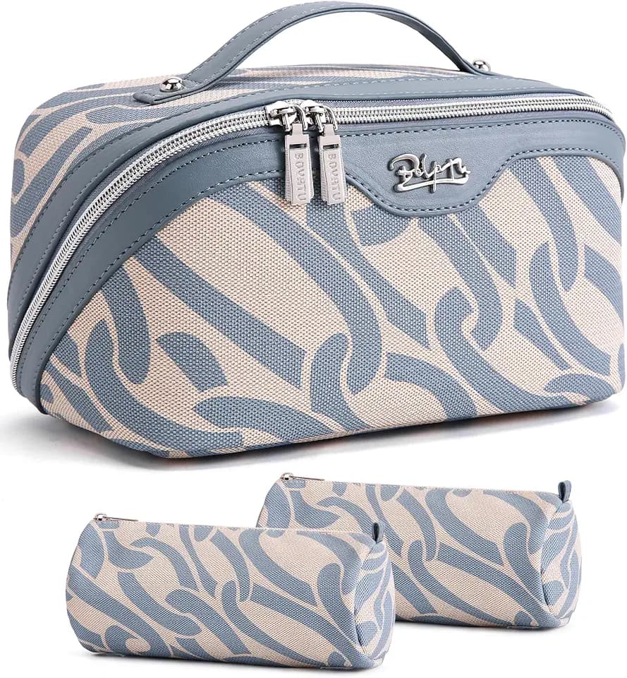 BOYATU Travel Makeup Bag for Women: Large Capacity 3-Piece Cosmetic & Toiletry Organizer - Expands Storage by 50% with 2 Detachable Pouches,Opens Flat for Easy Packing,Waterproof PU Leather(Blue)