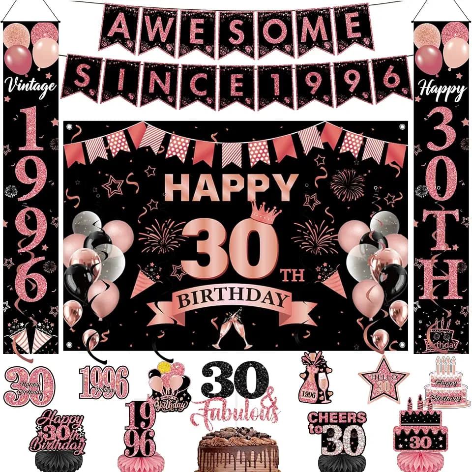 30th Birthday Party Decorations Women - 16 Pcs Black Rose Gold Banner Backdrop Porch Sign Hanging Swirls Fabulous Cake Topper Table Centerpieces For Vintage 30 Year Old Party Decor