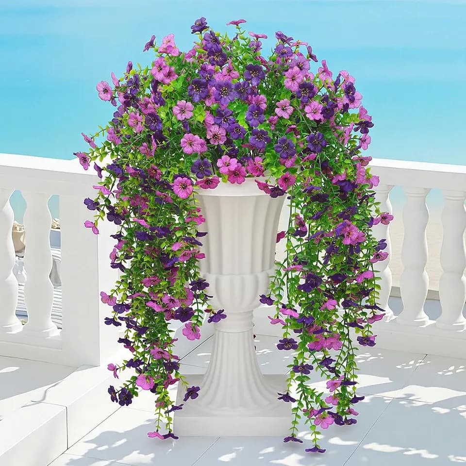 Artificial Fake Hanging Flowers Plant Spring Summer Decoration for Outdoor Faux Silk Daisy with Eucalyptus 4 Pcs Realistic UV Resistant Indoor Outside Garden Porch Patio Balcony Yard(Double Purple)