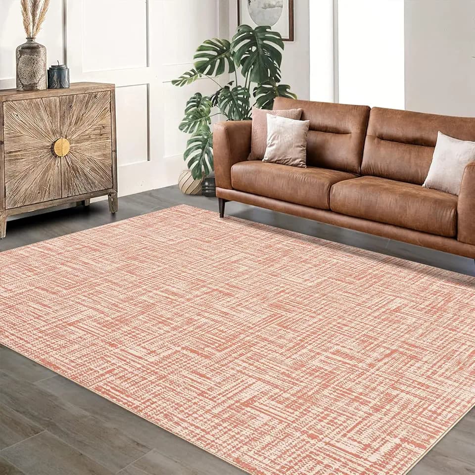 GarveeHome 5x7 Machine Washable Area Rug for Dining Room Contemporary Solid Throw Rug Abstract Bedroom Rug Modern Non-Slip Stain Resistant Foldable Accent Floor Carpet for Living Room Brick Red