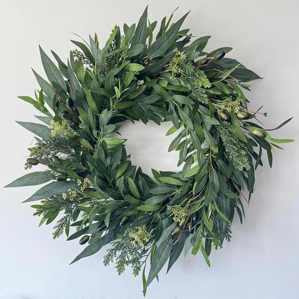 24 Inch Olive Wreaths for Front Door, Artificial Olive Branch Greenery Wreath with Eucalyptus, Rustic Farmhouse Front Door Wreath for Spring Summer Year Round Outdoor Porch Decor