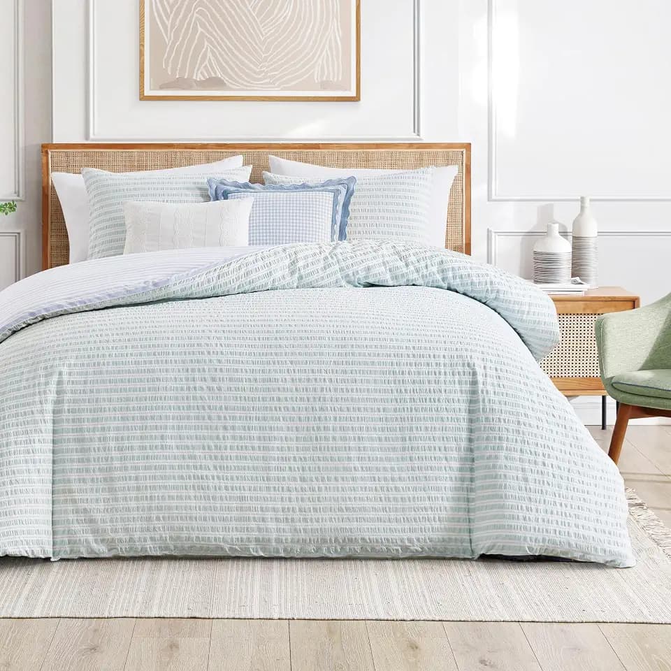 Peri Home Full/Queen Comforter Set - 100% Cotton, Seersucker Stripe Reversible Design - Includes Shams - 3-Piece - Green/Blue