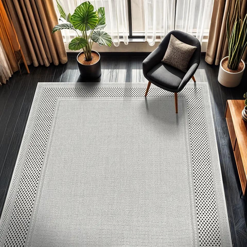 CAMILSON Easy Jute Rug 6x9, Indoor Outdoor Off-White Color Fiber Area Rugs for Entry, Living Room and Farmhouse Rug, Bordered Boho Woven Design, Easy-Cleaning, Washable Outside Carpet (6 x 9)