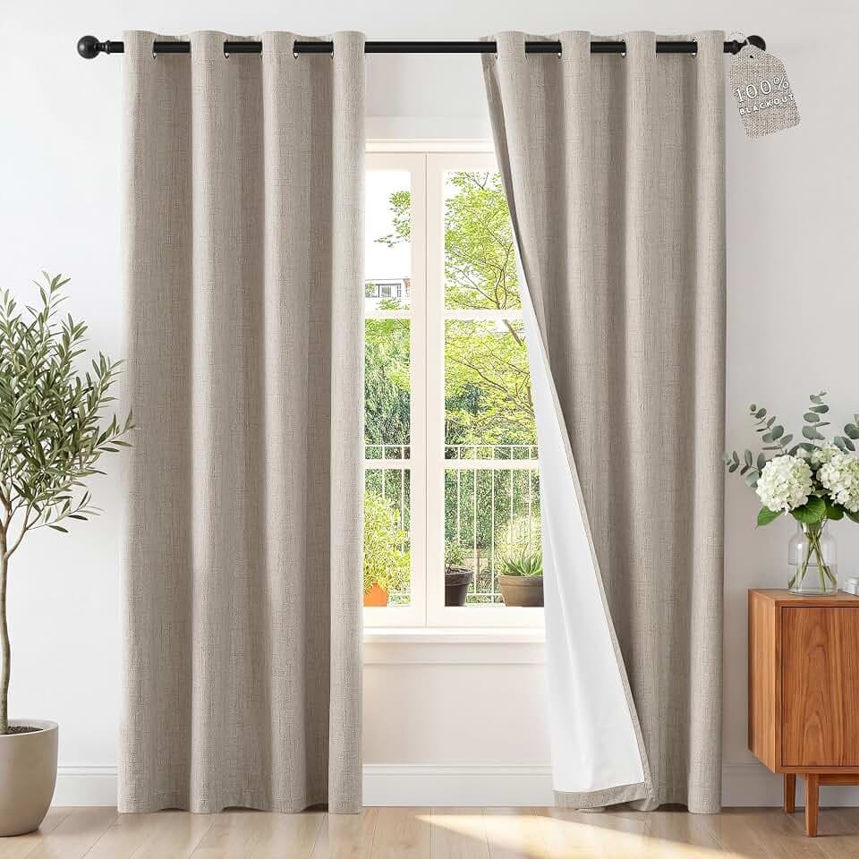 ChrisDowa Linen Drapes for Bedroom & Living Room 100% Blackout Curtain 102"
