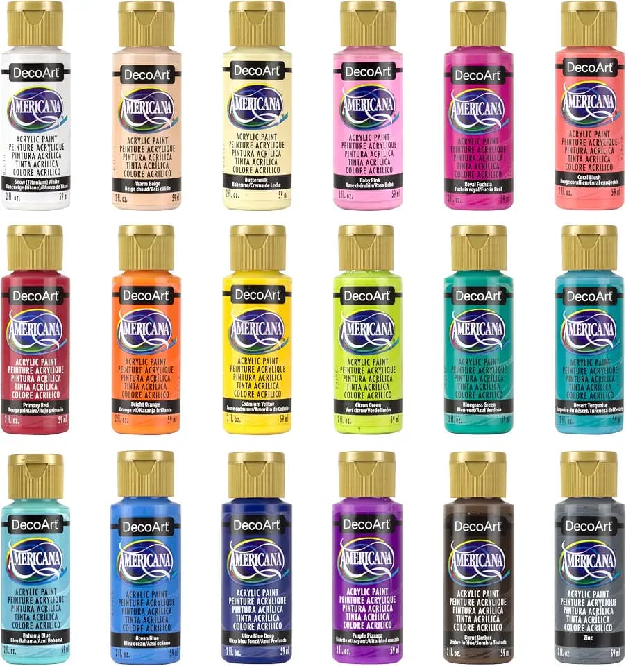 DecoArt Americana Acrylic Paint Set – Popular Colors, 18 Bottles (2 fl oz) – Art and Craft Acrylic Paints for Canvas, Wood, and More