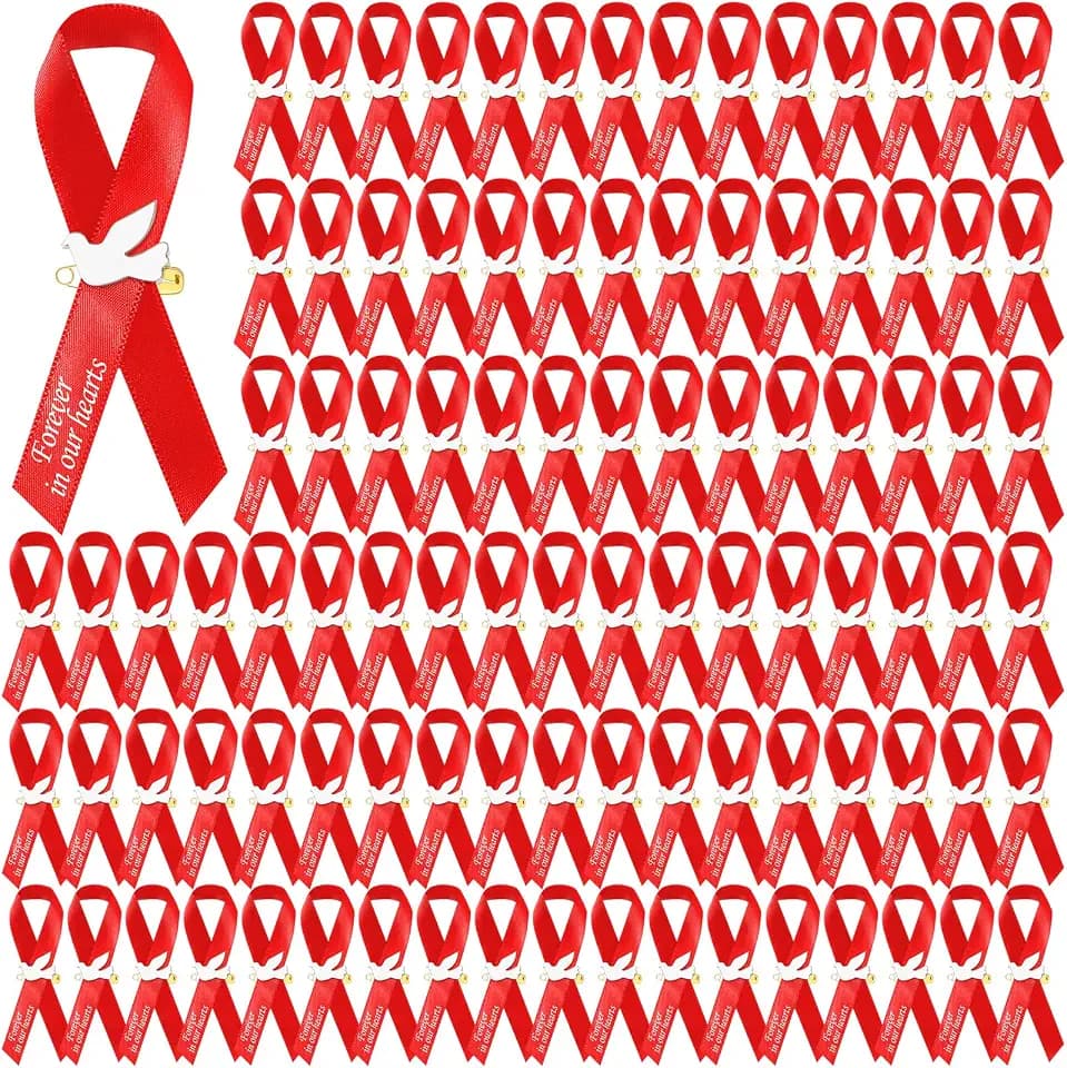 Geosar 100 Pcs Red Funeral Memorial Ribbon Pins with White Dove