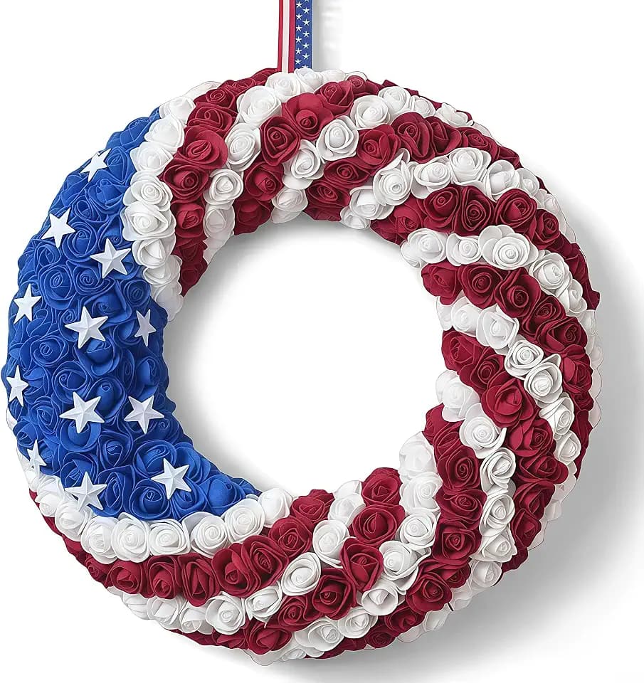 4th of July Wreath for Front Door, 16 Inch Patriotic Rose Wreath