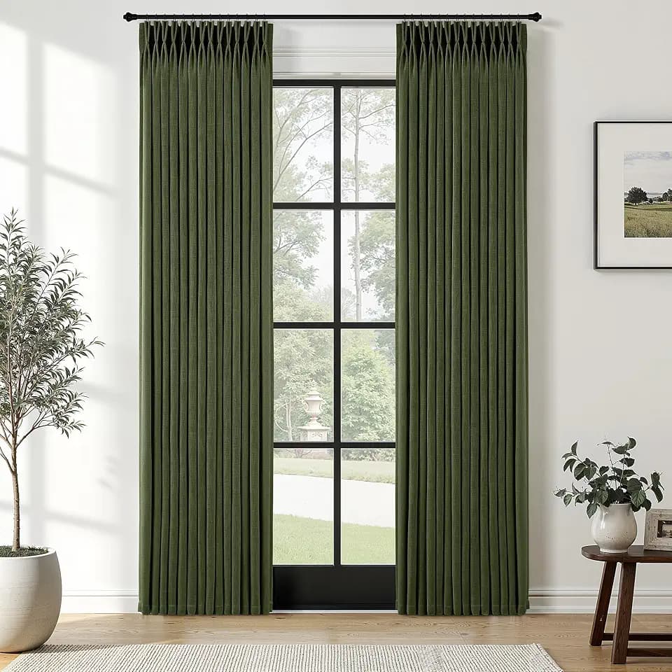 Olive Green Linen Pinch Pleated Curtains 84 Inch Long 2 Panels Semi Sheer