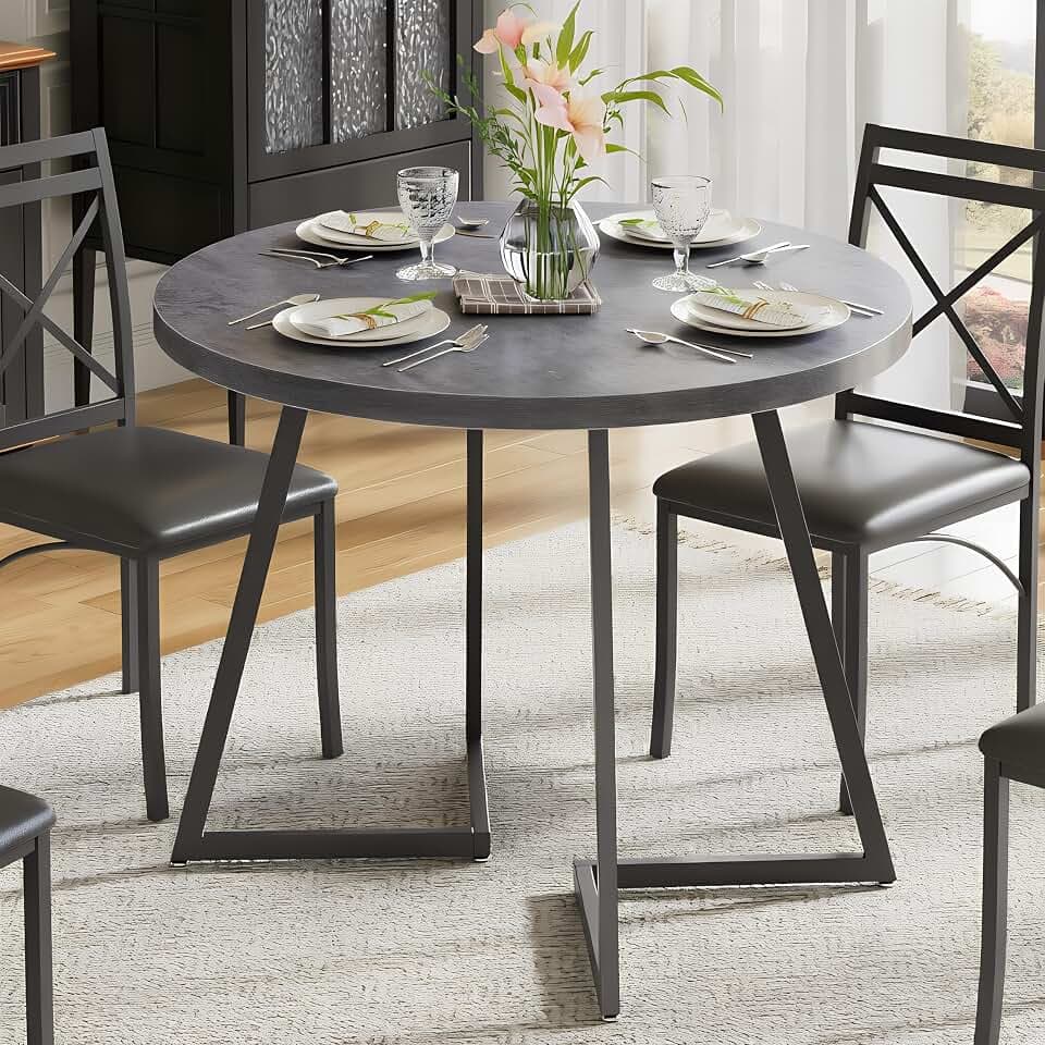 VECELO 35" Round Dining Table for 4, Wood-Grain Tabletop & Heavy-Duty Steel Frame, for Kitchen, Living Room, Easy Assembly, Dark Grey