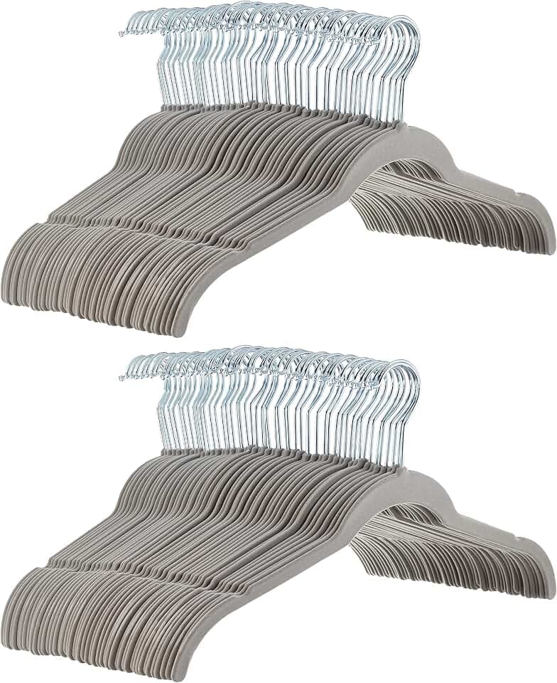 Amazon Basics Space Saving Slim Velvet Non-Slip Clothes Hangers, Sturdy, Gray/Silver, 100-Pack