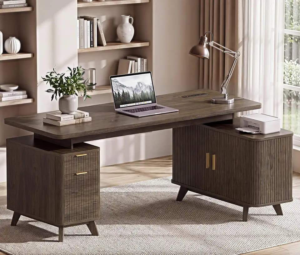 63" Farmhouse L Shaped Executive Desk, Brown