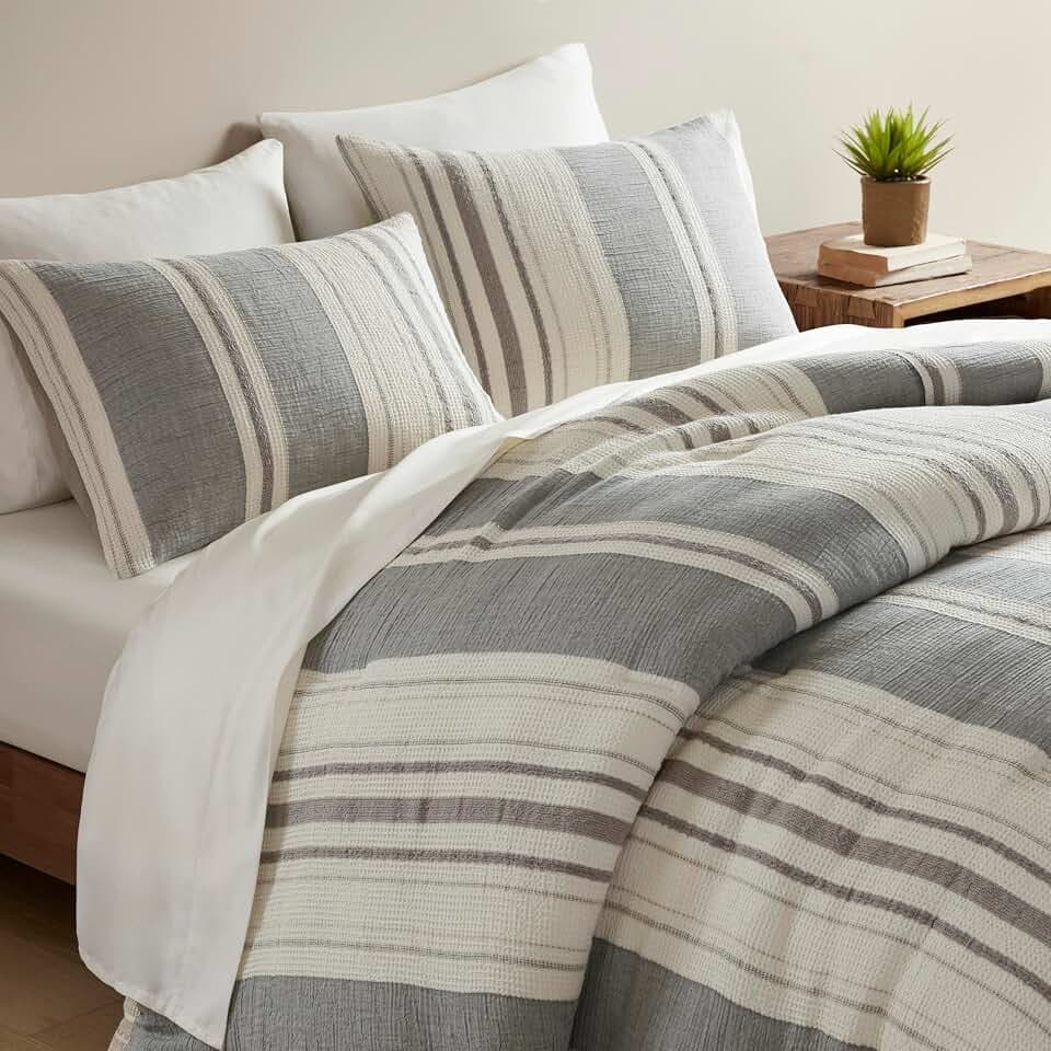 Woolrich King Comforter Set Cotton Striped, Oversized Comforter, All Season Down Alternative Overfilled King Size Comforter, Mesa, King/Cal K Grey 3 Piece