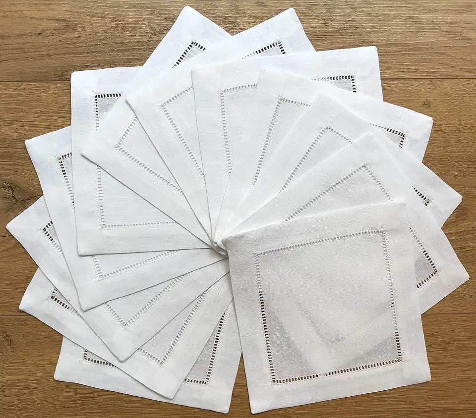 White Linen Cocktail Napkin 6"x6"-A Dozen Cloth Napkin Coasters-Ladder Hemstitch 100% Linen Beverage Party Napkin Coasters