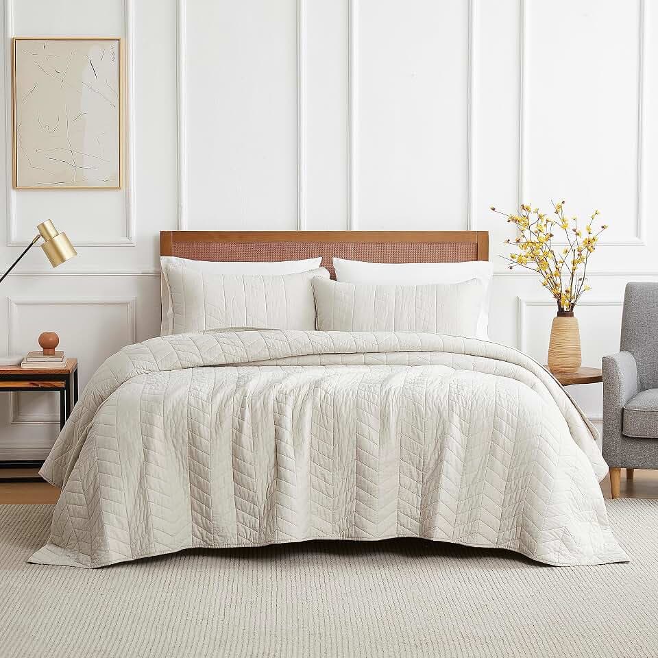 palassio Beige Cotton Quilt Queen Size Bedding Sets with Pillow Shams, White Lightweight Soft Bedspread Coverlet, Tan Cream Quilted Comforter Bed Cover for All Season, 3 Pieces, 90x96 inches