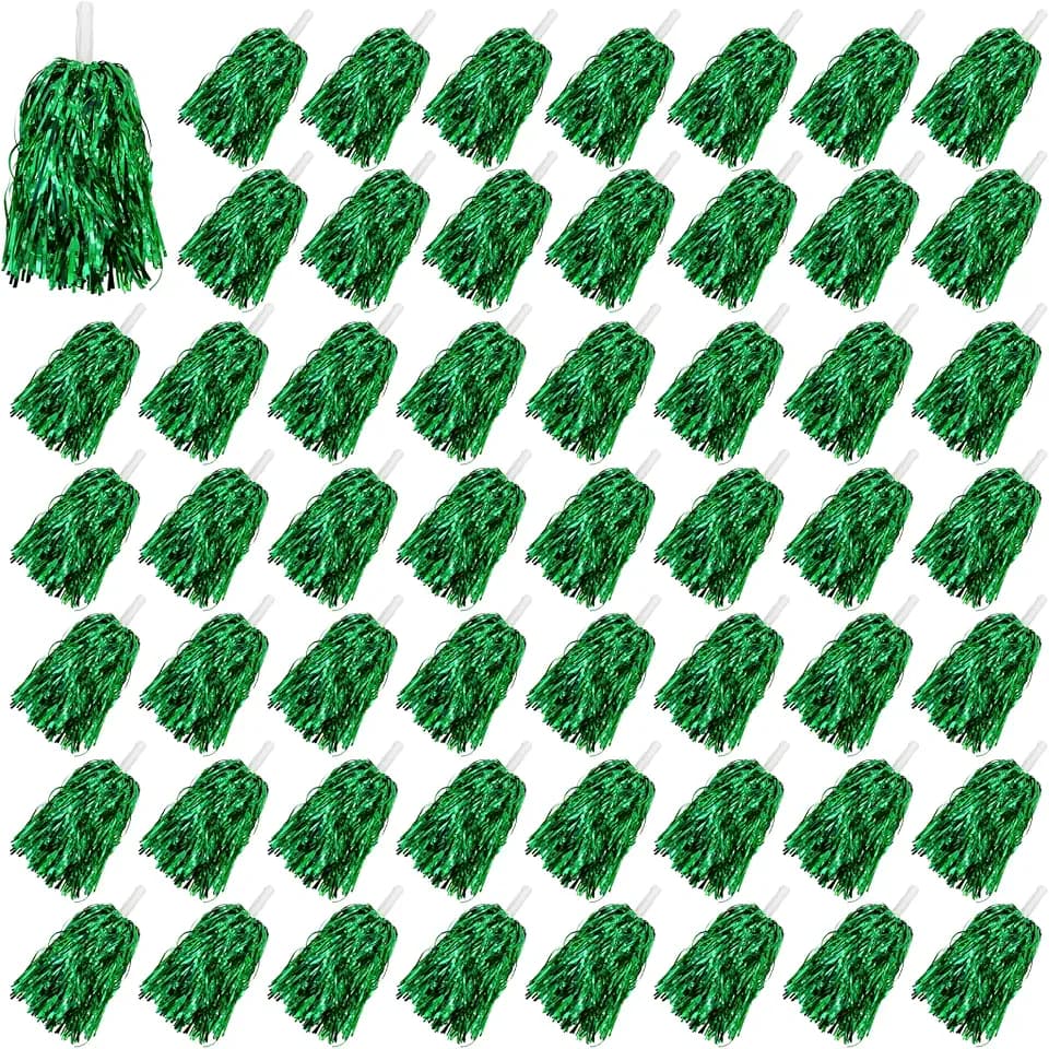 54PCS Cheerleading Pom Poms Metallic Foil Plastic Pom Poms with Baton Handle for Game Sports (Green)