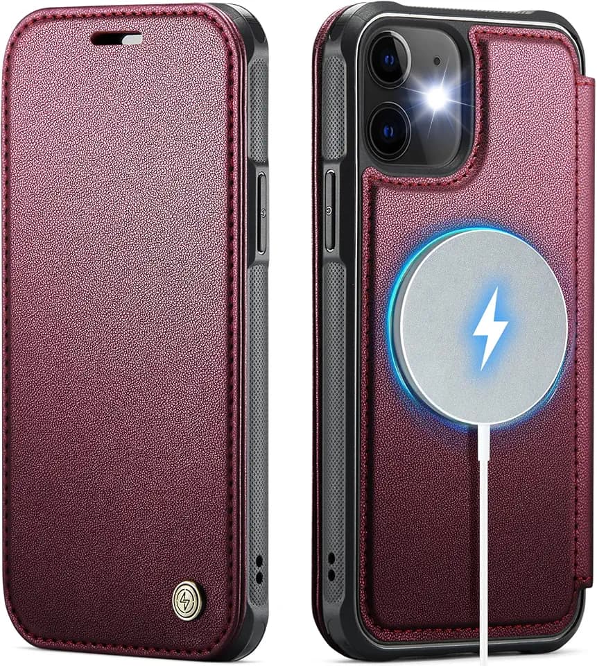 for iPhone 12 / iPhone 12 Pro Wallet Slim Phone Case, Wine Red
