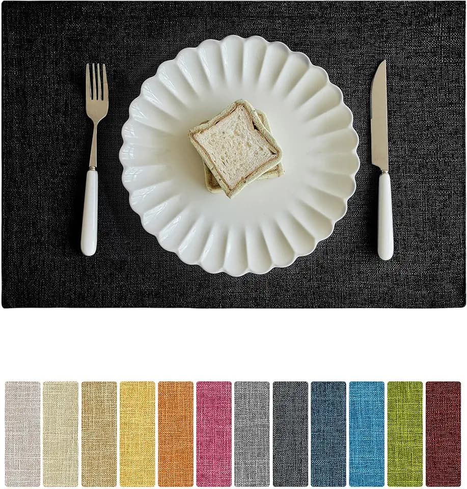 Softalker Faux Linen Cloth Placemats Set of 4-12 x 18 Inch, Black