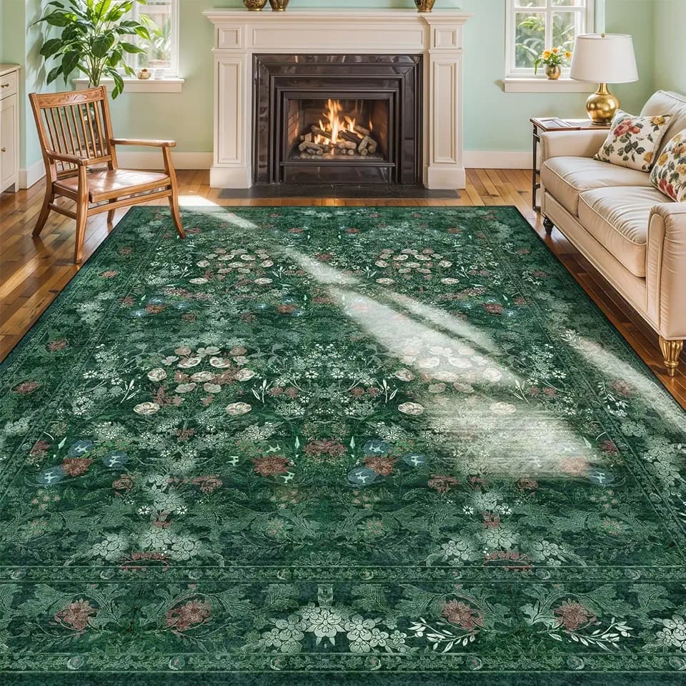 Green Floral 8x10 Living Room Area Rug, Washable Vintage Distressed Rug for Bedroom, Dining Room Under Kitchen Table, Large Low Pile Non Slip Carpet - Soft Boho Botanical Accent Mat