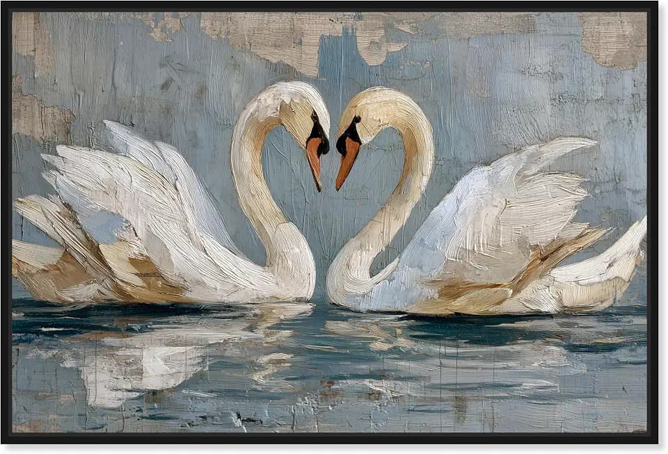 Swan Soulmates I Framed Canvas Print Vintage Wall Decor by Art Remedy, Black Frame, 45 x 30