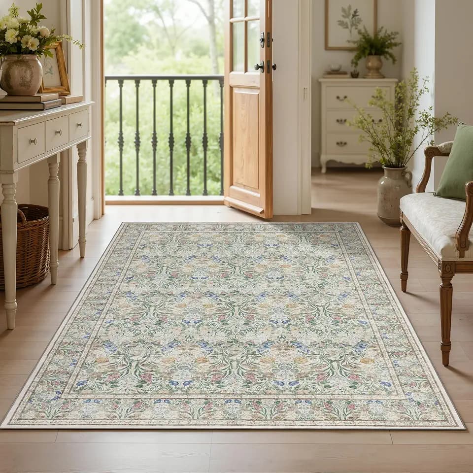 JOLLYVOGUE 4x6 Area Rug, Floral Washable Rug for Bedroom, Beige/Blue