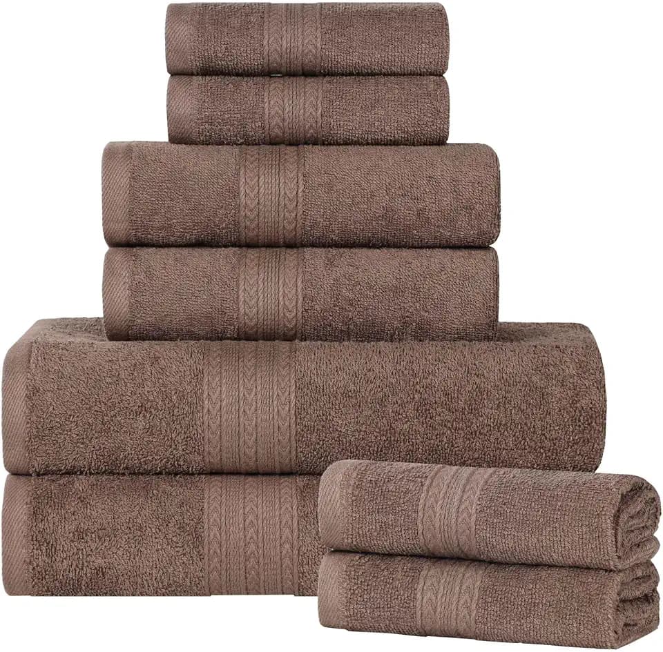 SUPERIOR Eco-Friendly Cotton 8-Piece Towel Set, Bathroom, Shower, Quick Dry Home Essentials, Lightweight, Sustainable Towels, 2 Bath, 2 Hand, 4 Face Towels, Washcloth, Highly Absorbent, Coffee